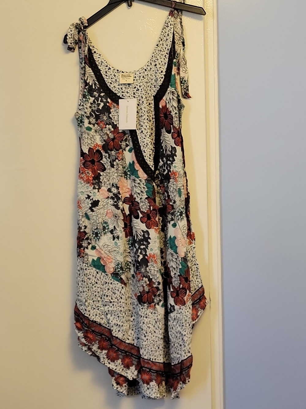 Asymmetrical Floral Tie-Shoulder Dress - White with Multicolor Floral